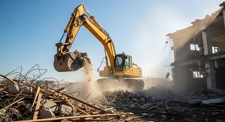 Excavator demolishing building, debris falling, dust cloud, blue sky, construction site