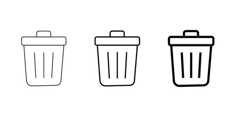 Set of three clean outline trash can icons in a modern minimalist style on a transparent background, perfect for user interface, deletion, waste management, and recycle applications

