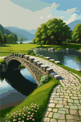 Stone bridge crossing peaceful flowing river