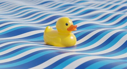 Yellow Rubber Duck Floating on Blue and White Wavy Striped Surface Summer Fun Concept