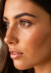 Fototapeta premium Close up Portrait of a Young Woman with Freckles Brown Eyes and Long Brown Hair