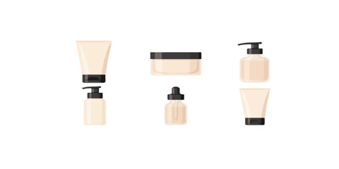 Print  Modern vector skincare packaging mockups – elegant cosmetic tubes, glass jars, pump bottles, dropper bottles – stylish editable set, isolated on white