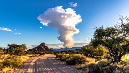 A scenic dirt road winds through a dry landscape, with a dramatic cloud formation above
