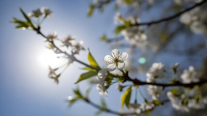 Fototapeta premium Blooming Cherry Blossom Branches Against Blue Sky