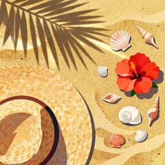 Palm leaf shadow on the sand. Tropical background. Copy space.