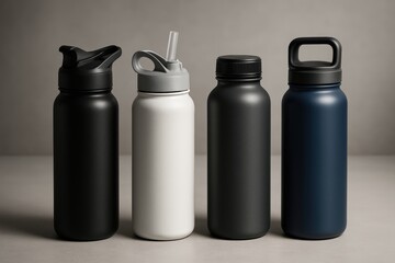 Set of Four Reusable Water Bottles in Black White and Blue with Different Caps on Neutral Background
