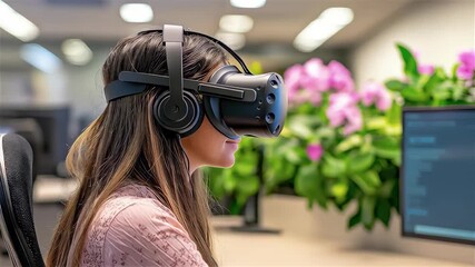 Virtual reality headset woman in modern office at computer coding with pink flowers and green plants immersive workplace technology focus - Powered by Adobe