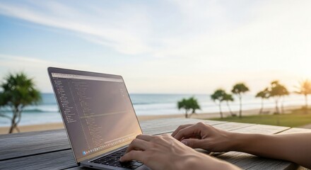 Remote Work Paradise Programmer Coding on Laptop at Tropical Beach Sunset