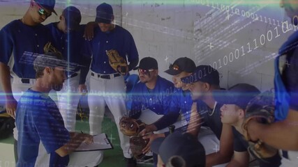 Coach kneeling on turf marking play and guiding team sports strategy via code overlay intensifying