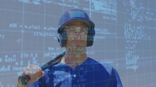 Male baseball player holding bat while code overlay scrolling off revealing face showing technology