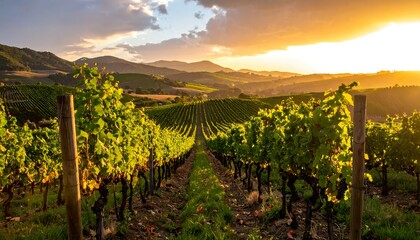Fototapeta premium A vineyard at sunset, rows of green vines stretching into the distance under a golden sky