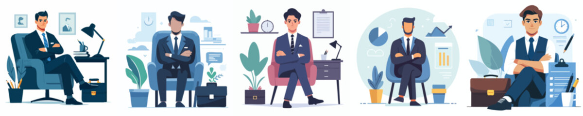 Professional Businessman Sitting with Arms Crossed in Office Chair Illustration for Leadership and Corporate Success