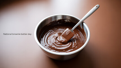 A bowl of rich brownie batter with a spatula, celebrating National Brownie Batter Day