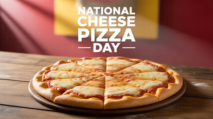 A freshly baked cheese pizza on a wooden table celebrating National Cheese Pizza Day