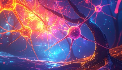 Vibrant neurons interconnected, glowing with fiery and cool colors, set against a dark background