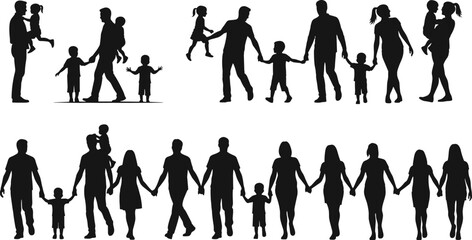 Silhouette of families with parents and children holding hands, walking together, unity, bonding, love, support, care, happy relationship, lifestyle