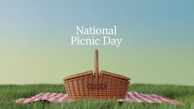 A wicker picnic basket on a checkered blanket in a grassy field under a clear sky, celebrating National Picnic Day