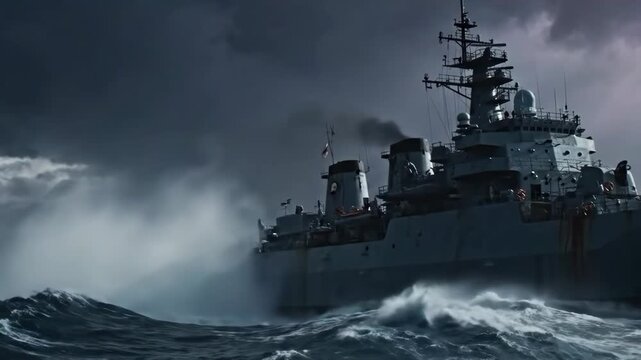 Powerful Naval Vessel Navigating Stormy Seas, Symbolizing Strength and Maritime Defense, Celebrating National Pride and Naval Prowess on Indian Navy Day
