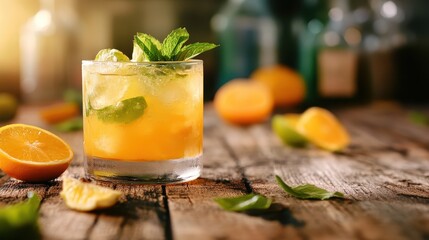 Gourmet Citrus Mixology: Expertly Prepared Cocktail with Fresh Ingredients and Herb Garnish, Focus on Drink Quality.