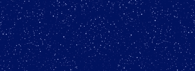Falling snow seamless wallpaper. Repeated white snow at night sky background. Vector repeating snowfall pattern. White snowflakes, dots, ice specks for Christmas decor. Winter blizzard weather overlay