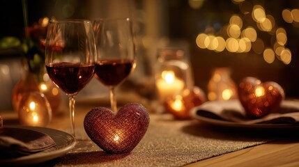Romantic Dinner Setting: Close-up of Wine Glasses, Candles, and Rose Petals on a Table, Capturing the Warm Atmosphere of a Date.