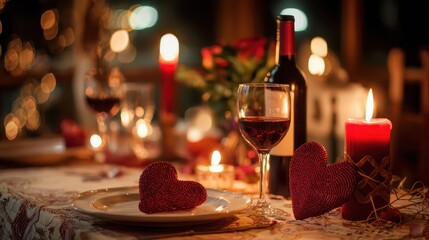 Romantic Dinner Setting: Close-up of Wine Glasses, Candles, and Rose Petals on a Table, Capturing the Warm Atmosphere of a Date.
