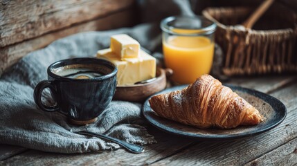 Rustic French Breakfast: Freshly Baked Croissant, Butter, and Coffee Served on a Wooden Table with Natural Morning Light.