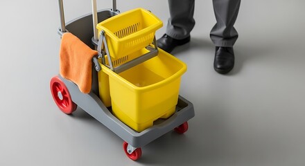 Janitorial cart with yellow buckets, orange towel, and a glimpse of the worker's legs