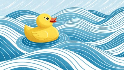 Cheerful Yellow Rubber Duck Floating on Stylized Blue Ocean Waves Illustration