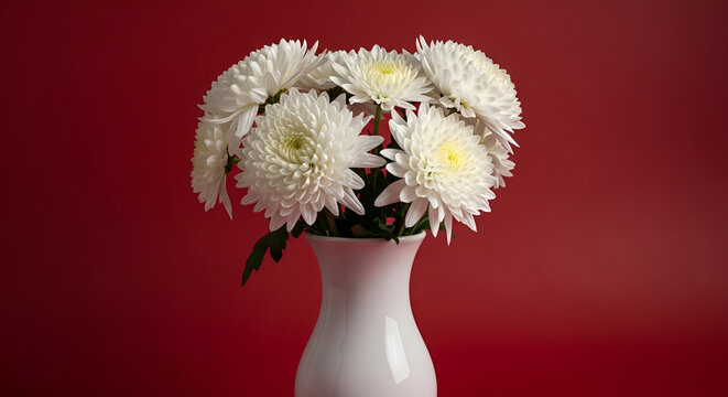 Flores de crisantemo blancas decorativas en un jarr&oacute;n blanco sobre fondo rojo