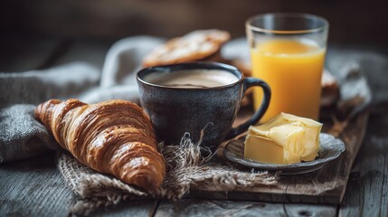 Rustic French Breakfast: Freshly Baked Croissant, Butter, and Coffee Served on a Wooden Table with Natural Morning Light.