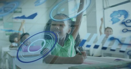 Classroom student raising hand to answer teacher posing question with progress bars in education - Powered by Adobe