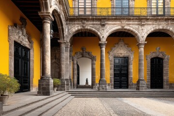 Fototapeta premium A sun-drenched courtyard with arched walkways, imposing pillars, and rich yellow and gray stonework.