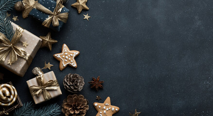 Dark Blue Gold Christmas New Year Gifts Candy Background (Flat Lay/Copy Space) - HD Realistic Banner for E-commerce, Holiday Cards