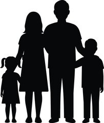 Family silhouette illustration with parents and children, black vector design, lifestyle concept, unity, love, happiness, parenting, togetherness, relationship, support