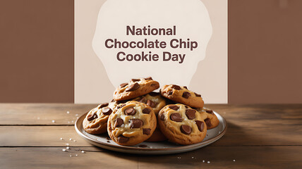 A plate of chocolate chip cookies on a wooden table celebrating National Chocolate Chip Cookie Day