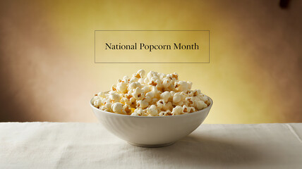 A bowl of popcorn on a table with text indicating National Popcorn Month