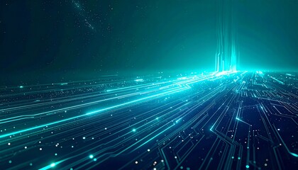 Futuristic digital landscape with glowing blue-green data lines and central light hub, abstract network design