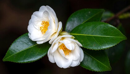 Close-up of two white camellia flowers