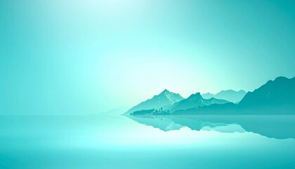 Tranquil turquoise landscape with reflective water, distant mountains, and soft sunrise glow, ethereal natural scene