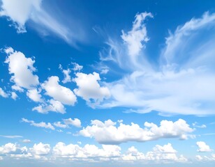 A vast expanse of a vibrant blue sky dotted with fluffy white clouds