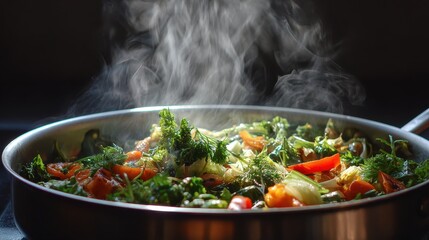 Shabu Shabu Dinner: Overhead View of an Asian Hot Pot Boiling with Meat, Seafood, and Fresh Vegetables, Ready to be Eaten.