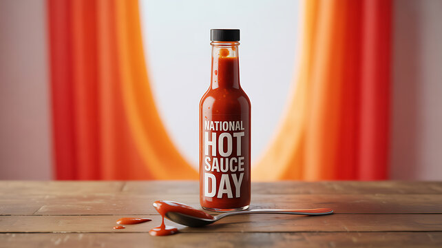 A bottle of hot sauce labeled 'National Hot Sauce Day' sits on a wooden table with a spoon and sauce spill, against a backdrop of orange curtains. - Powered by Adobe