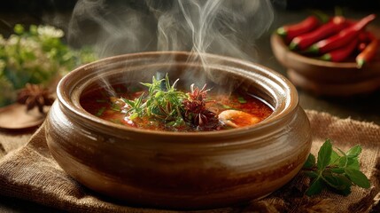 Hot Steaming Asian Soup: Close-up of a Delicious Traditional Dish Boiling in a Pot, Highlighting the Steam and Fresh Ingredients. 