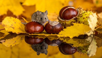 Small mouse on autumn leaves with chestnuts