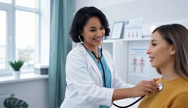 Female doctor examining patient with stethoscope in modern clinic
