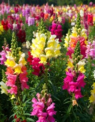 Vibrant snapdragon blossoms in a field, showcasing a variety of colors and textures