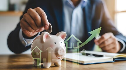 Hand dropping coin into piggy bank with rising house graph saving