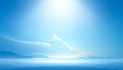 Ethereal blue landscape with soft light, misty water surface, and distant hills, minimalist and tranquil design