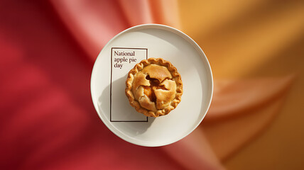 A small apple pie on a white plate with 'National Apple Pie Day' text, set against a warm red and orange fabric background.